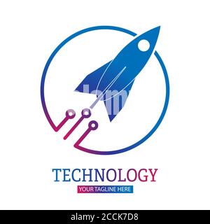 Raumfahrttechnologie. Die Rakete bricht aus dem Kreis. Vektordarstellung für ein Logo, Aufkleber oder Emblem isoliert auf weißem Hintergrund Stock Vektor