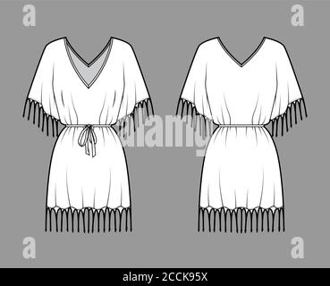 Gefranste Kaftan-Kleid technische Mode-Illustration mit tiefem V-Ausschnitt, geraffte Gürtel, Fledermaus Ellenbogen Ärmel, über-die-Knie-Länge, überdimensioniert. Flache Vorlage vorne zurück weiße Farbe. Damen Herren Shirt Stock Vektor