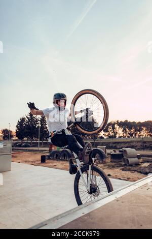 Sorgloser Mann trägt Helm Durchführung Stunt mit Fahrrad auf Rampe Im Park bei Sonnenuntergang Stockfoto