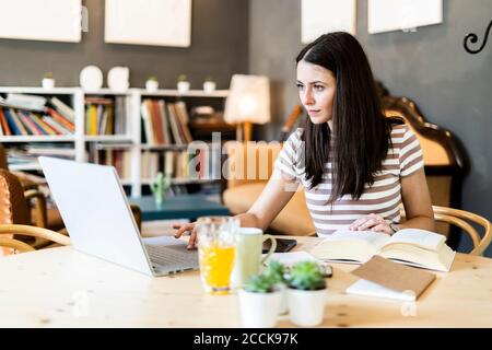 Schöne Frau mit Laptop während des Studiums im Café Stockfoto