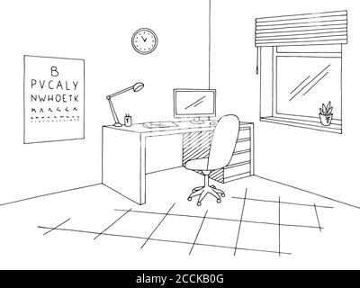 Okulistisches Büro Grafik schwarz weiß Innenraum Skizze Illustration Vektor Stock Vektor