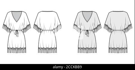 Fransen Kaftan Kleid technische Mode Illustration mit tiefem V-Ausschnitt, Gürtel gerafft, Fledermaus Ellenbogen Ärmeln, über-die-Knie-Länge. Flache Vorlage vorne zurück weiß grau Farbe. Damen Herren Unisex-Shirt Stock Vektor