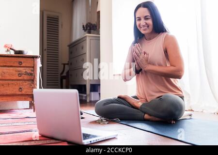 Reife Frau mit Laptop zu Hause lächelnd Stockfoto