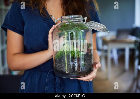 Nahaufnahme einer Frau, die zu Hause Terrarium im Glas hält Stockfoto