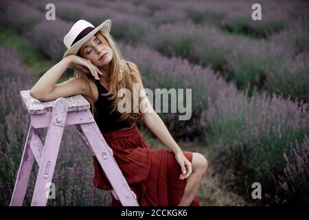 Frau auf Leiter im Lavendelfeld sitzend Stockfoto