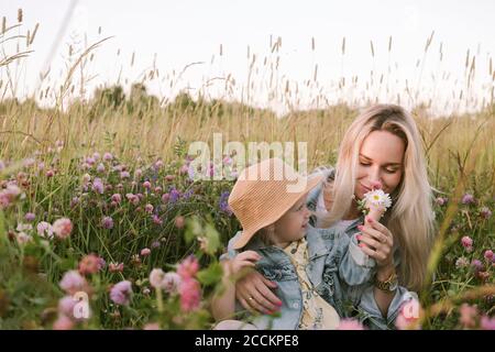 Mutter mit ihrer Tochter riecht auf Blumen auf dem Feld Stockfoto