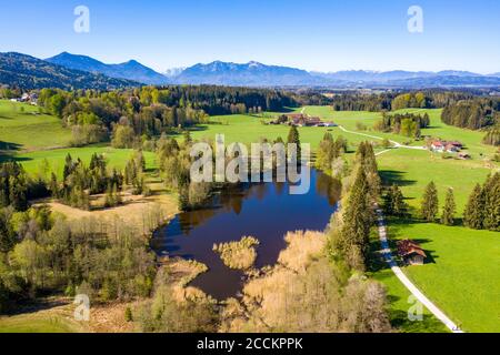 Deutschland, Bayern, Bad Heilbrunn, Drohne Blick auf den Schonauer Weiher See im Sommer Stockfoto