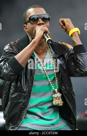 Kanye West auf dem V Festival in Chelmsford, Essex, im August 2007. Stockfoto