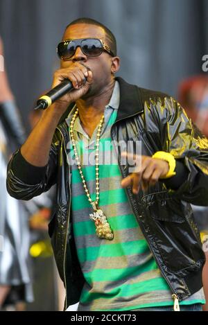 Kanye West auf dem V Festival in Chelmsford, Essex, im August 2007. Stockfoto