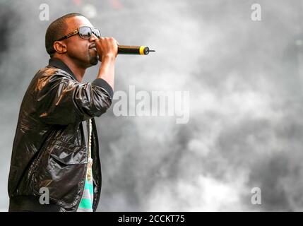 Kanye West auf dem V Festival in Chelmsford, Essex, im August 2007. Stockfoto