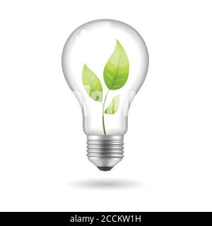 Realistische Glühbirne mit Blättern im Inneren. Eco-Konzept. Vektorgrafik. Stock Vektor