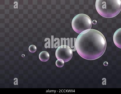 Set von realistischen transparenten bunten Seifenblasen mit Regenbogen Reflexion. Vektor Stock Vektor