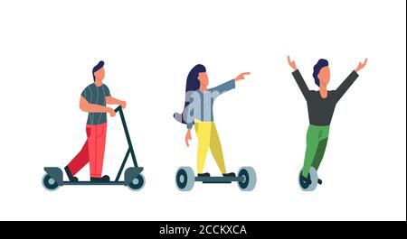 Menschen fahren elektrischen Transport moderne städtische Vektor Illustration Öko-Stadt. Aktive Fahrzeugtechnik mit People Ride Bike Konzept. Elektrogerät tr Stock Vektor