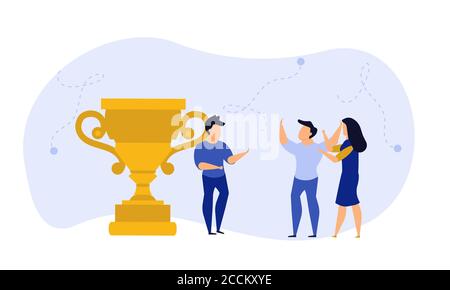 Geschäftsleute Sieger Preis Kunden Vektor-illustration Mitarbeiter. Mann und Frau Feier erste Qualität Rang. Büro Menschen belohnen Cup Trophäe bis s Stock Vektor
