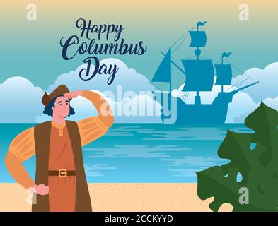 Happy columbus Tag nationalen usa Urlaub, mit christopher columbus beobachten am Strand Stock Vektor