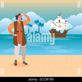 Happy columbus Tag nationalen usa Urlaub, mit christopher columbus beobachten am Strand Stock Vektor