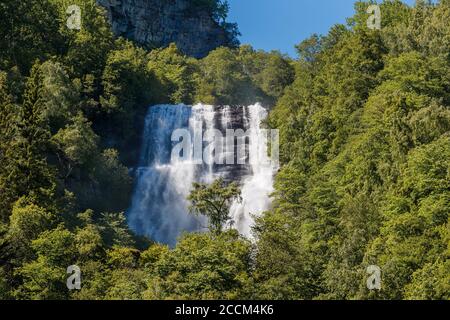 GEIRANGER, NORWEGEN - 2016. JUNI 14. Großer Wasserfall im Wald am Geiranger Fjord in Norwegen. Stockfoto