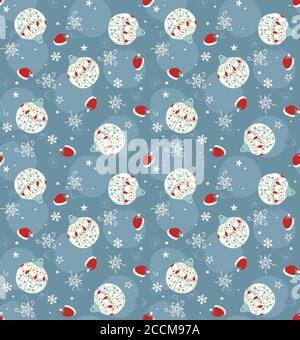 Weihnachtsmützen, Bälle, Sterne Hand gezeichnet nahtlose Muster. Blau-rote Pastellfarben. Vektorgrafik für Karten, Stoff, Geschenkpapier. Ungleichmäßige Linien Stock Vektor