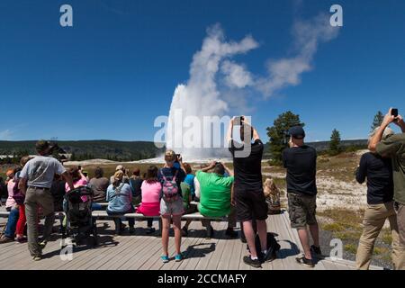 Yellowstone National Park, Wyoming / USA - 22. Juli 2014: Eine Gruppe von Touristen beobachten und fotografieren den großen Geysir Old Faithful, wie er genannt wird Stockfoto