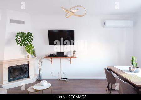 Wohnzimmer mit dunklem Boden und weißen Wänden mit minimalem Dekorationen mit Tisch und mostera deliciosa Stockfoto
