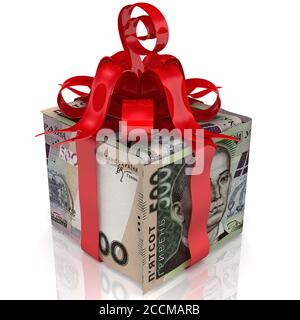 Ukrainisches Geld als Geschenk. Die Schachtel aus den Scheinen von 500 ukrainischen Griwna, die mit dem roten Band und dem Bogen gebunden sind. 3D-Illustration Stockfoto