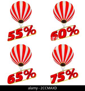 Prozentualer Fluganteil in einem Ballon. Satz von 55;60;65;75 Prozent fliegt auf einem Heißluftballon. Isoliert. 3D-Illustration Stockfoto