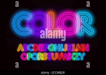 Farbige Neon-Schrift, bunte Umrisse Buchstaben-Set mit neonfarbenen Leuchten auf schwarzem Hintergrund. Fluoreszierende Shine-Typeset für Unterhaltung, Kino, Kinder Stock Vektor