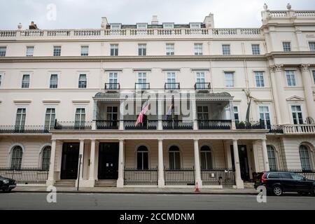 London - das malaysische Botschaftsgebäude am Belgrave Square in Belgravia Stockfoto