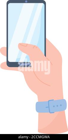 Männliche Hand mit Smartphone isoliert auf weißem Hintergrund Vektor-Illustration Stock Vektor
