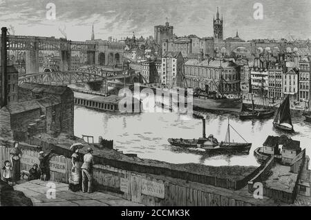 Großbritannien, England, Newcastle. Blick auf die Stadt am Ufer des Flusses Tyne. Wichtiges Handels- und Produktionszentrum. Stich von Tomas Carlos Capuz (1834-1899). La Ilustracion Española y Americana, 1881. Stockfoto