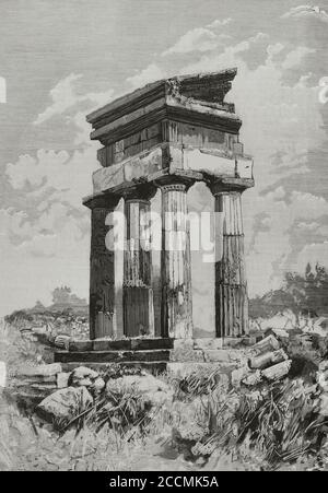 Italien, Sizilien, Agrigento. Tal der Tempel. Tempel von Castor und Pollux (Dioscuri). Von Bernardo Rico y Ortega (1825-1894). La Ilustracion Española y Americana, 1881. Stockfoto