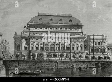 Königreich Böhmen (Österreich-Ungarisches Reich). Prag. Das Nationaltheater. Es wurde zum ersten Mal am 11. Juni 1881 eröffnet, um den Besuch von Kronprinz Rudolf von Österreich zu würdigen. Stich von Tomás Carlos Capuz (1834-1899). La Ilustracion Española y Americana, 1881. Stockfoto