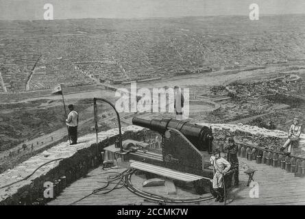 Der Pazifik- oder Saltpeter-Krieg. Bewaffneter Konflikt, der Chile gegen die Verbündeten Boliviens und Perus ausrüstete. 1879-1883. Peru, Lima. Panoramablick von der Festung San Cristobal, die seit dem 18. Januar 1881 von chilenischen Truppen besetzt ist. Während des Lima-Feldzugs, einer der Landphasen des Pazifikkrieges, befahl Präsident Nicolás de Piérola die Installation von Kanonen auf der Spitze des Hügels, um von dort aus die chilenische Armee anzugreifen. Zu einer Zeit, als man glaubte, dass die Armee aus dem Norden vorrücken würde. Allerdings taten die Chilenen das aus dem Süden. Diese Seite wurde von sich selbst A genannt Stockfoto