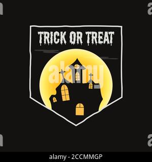 Vintage Halloween Typografie Badge Grafiken mit Horror Burg Landschaft Szene, Mond und Zitat Text - Trick or Treat. Aufkleber mit Retro-Emblem für den Urlaub Stock Vektor
