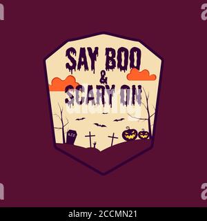 Vintage Halloween Typografie Abzeichen Grafiken mit Horror Friedhof Landschaft Szene und Zitat Text - sagen Boo und Scary auf. Aufkleber mit Retro-Emblem für den Urlaub Stock Vektor