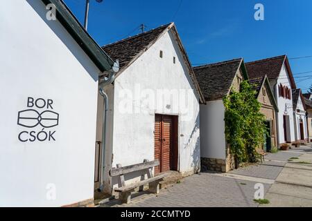 Villanykovesd, Ungarn - 08. 18. 2018 -viele alte traditionelle Kellerei in Villanykovesd in einer ungarischen Weinregion namens Villany mit Wein und Kuss Stockfoto