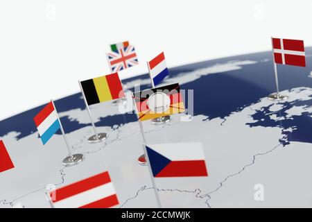 Coronavirus medizinische chirurgische Gesichtsmaske auf der deutschen Nationalflagge. Krankheit, Pandemie, Virus covid-19 in Deutschland, Konzept 3d Rendering Illustration Stockfoto