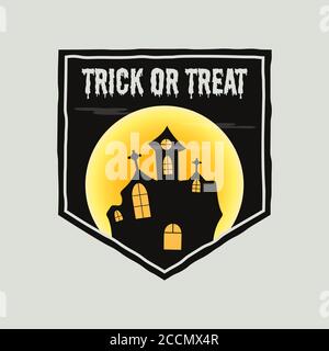 Vintage Halloween Typografie Badge Grafiken mit Horror Burg Landschaft Szene, Mond und Zitat Text - Trick or Treat. Aufkleber mit Retro-Emblem für den Urlaub Stock Vektor