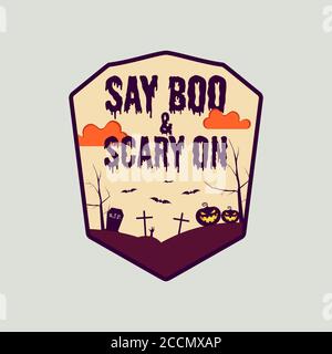 Vintage Halloween Typografie Abzeichen Grafiken mit Horror Friedhof Landschaft Szene und Zitat Text - sagen Boo und Scary auf. Aufkleber mit Retro-Emblem für den Urlaub Stock Vektor
