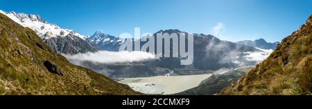 Panorama des Mt. Cook National Park von der Mueller Hut Route, Blick auf Mount Aoraki/Cook, Südinsel/Neuseeland Stockfoto