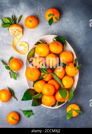 Frische Zitrusfrüchte Mandarine Orangen Frucht (Mandarinen, Clementinen,) mit Blättern in einer hellen Schale auf einem grauen Stein oder Beton Hintergrund. Selektiver Fokus, bis Stockfoto