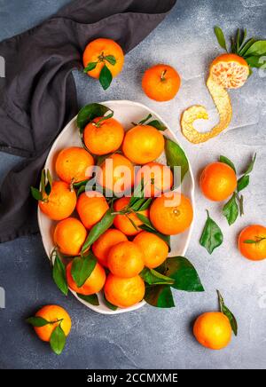 Frische Zitrusfrüchte Mandarine Orangen Frucht (Mandarinen, Clementinen,) mit Blättern in einer hellen Schale auf einem grauen Stein oder Beton Hintergrund. Selektiver Fokus, bis Stockfoto