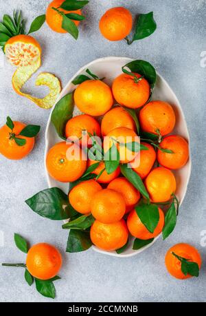 Frische Zitrusfrüchte Mandarine Orangen Frucht (Mandarinen, Clementinen,) mit Blättern in einer hellen Schale auf einem grauen Stein oder Beton Hintergrund. Selektiver Fokus, bis Stockfoto