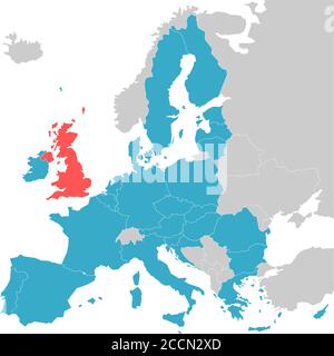 Brexit-Themenkarte - Europakarte mit hervorgehobenen EU-Mitgliedsstaaten und Großbritannien in verschiedenen Farben. Vektorgrafik. Vereinfachte Karte der Europäischen Union. Stock Vektor