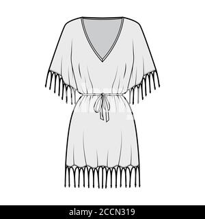 Gefranste Kaftan-Kleid technische Mode-Illustration mit tiefem V-Ausschnitt, geraffte Gürtel, Fledermaus Ellenbogen Ärmel, über-die-Knie-Länge, überdimensioniert. Flache Schablone vorne grau Farbe. Damen Herren Unisex-Shirt Stock Vektor