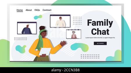 afroamerikanische Frau mit virtuellen Treffen mit Familienmitgliedern in Web-Browser-Fenster Video Anruf Online-Kommunikation Konzept horizontale Kopie Vektorgrafik Space Portrait Stock Vektor