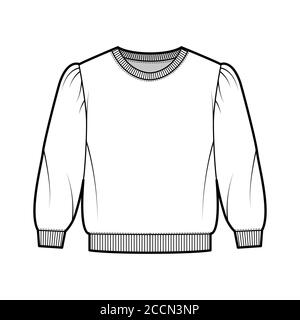 Cropped Baumwoll-Frottee Sweatshirt technische Mode-Illustration mit Puffschulter, Ellbogenärmel, gerippten Besägen. Flach outwear Pullover Bekleidung Vorlage vorne weiß Farbe. Damen, Herren Unisex TOP CAD Stock Vektor