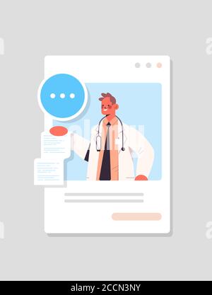 Männliche Arzt in Web-Browser-Fenster Beratung Patient Online-Beratung Healthcare Medizin medizinische Beratung Konzept Vektor Illustration Stock Vektor