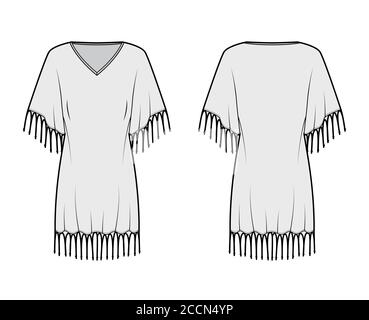 Gefranste Kaftan Kleid technische Mode Illustration mit tiefem V-Ausschnitt, Fledermaus Ellbogen Ärmel, über-die-Knie-Länge, überdimensioniert. Flache Vorlage vorne zurück graue Farbe. Damen Herren Unisex TOP CAD Mockup Stock Vektor