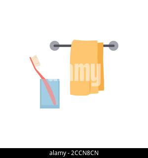 Handtuch und Zahnbürste im Glas. Symbole für flache Hygiene. Stock Vektor